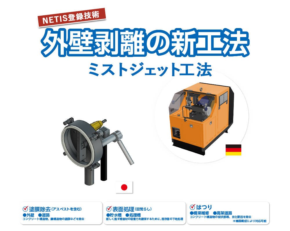 バキュームカー不要・低騒音・低水量の超高圧水洗工法でアスベストを安全に除去します。 除去と解体工事は日本環境エンジニア
リングにお任せください。